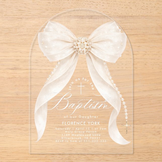 Ivory Bow Pearls Girl Baptism Religious Acrylic Invitations (Front)