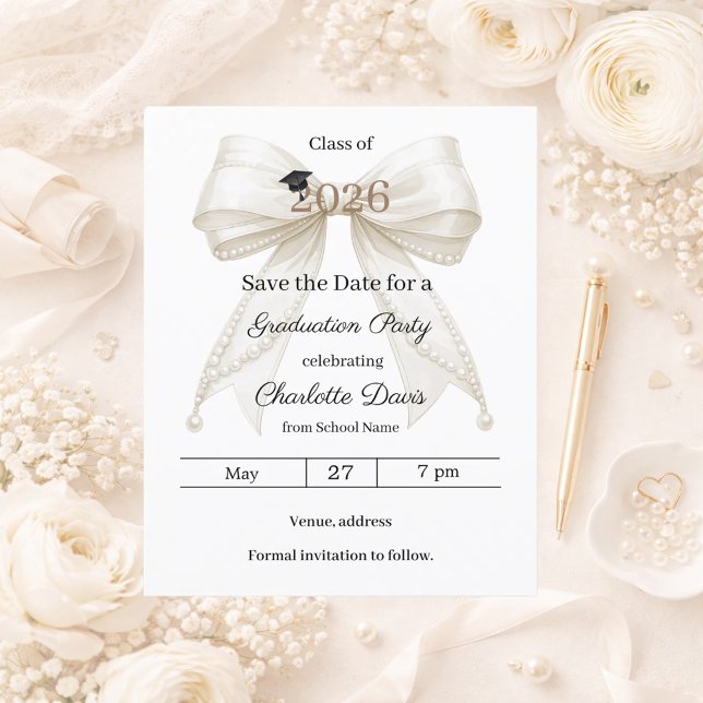 Ivory bow photo Graduation party Save the Date Flyer (Creator Uploaded)