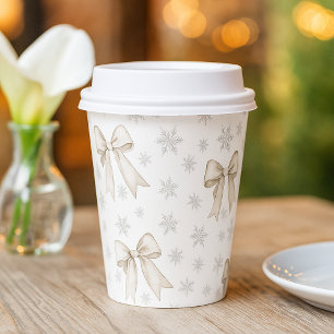 Ivory Bow Silver Snowflake Winter Holiday Paper Cups