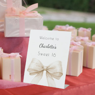 Ivory bow Sweet 16 welcome Pedestal Sign