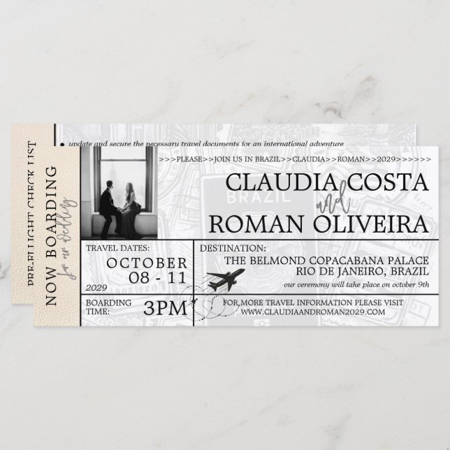 Ivory Brazil Wedding Boarding Pass Invitation (Front/Back)