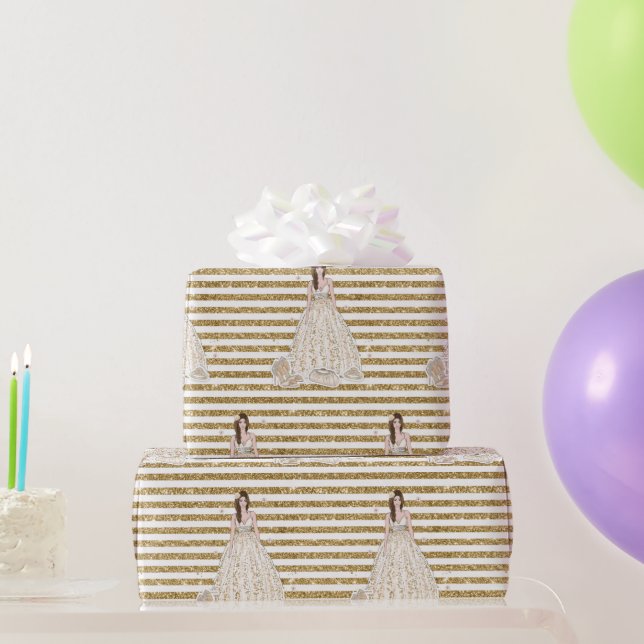 Ivory Bridal Shower Glitter Gold Stripes Wrapping Paper (Party Gifts)