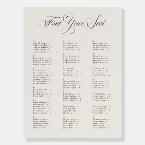 Ivory Brown Alphabetical Wedding Seating Chart Foam Board