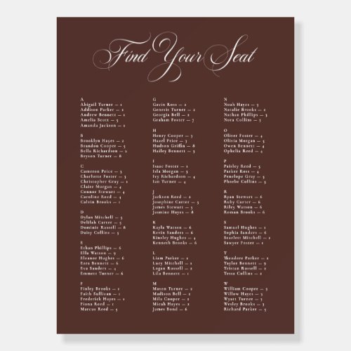 Ivory Brown Alphabetical Wedding Seating Chart Foam Board