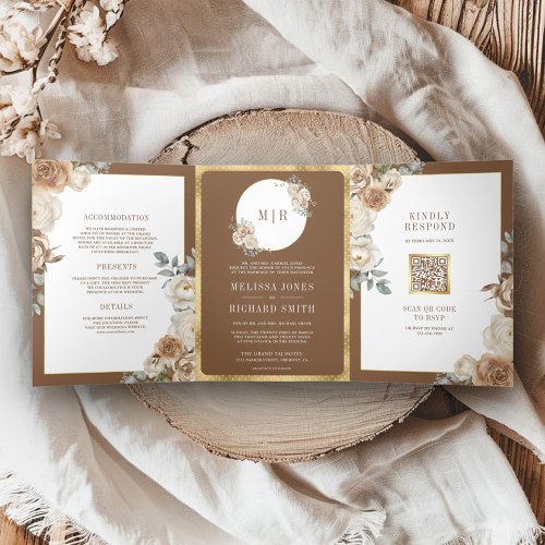 Ivory Brown Beige Floral Gold All in One Wedding Tri_Fold Invitation