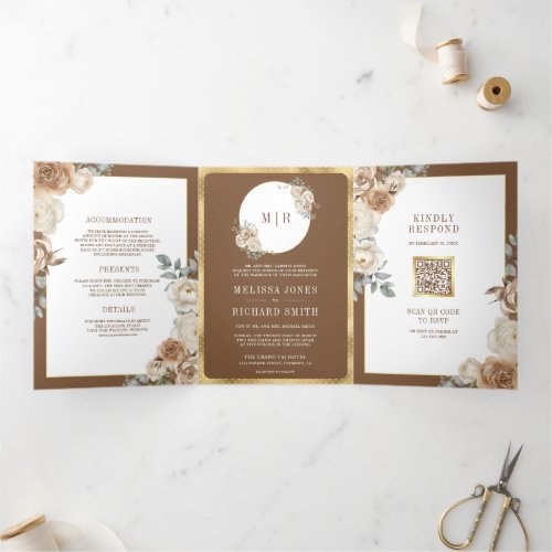 Ivory Brown Beige Floral Gold All in One Wedding Tri_Fold Invitation