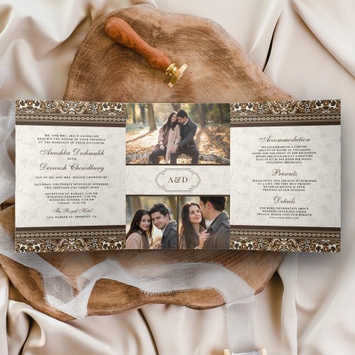 Ivory Brown Border All in One Indian Wedding Tri_Fold Invitation