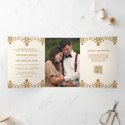 Ivory Brown Damask Ethnic QR Code Indian Wedding Tri-Fold Invitation