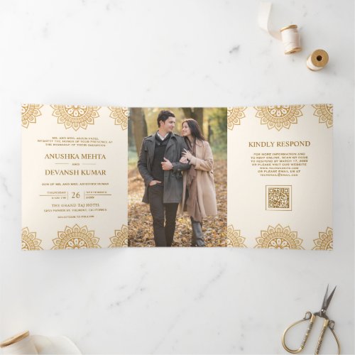 Ivory Brown Mandala Ethnic QR Code Indian Wedding Tri-Fold Invitation