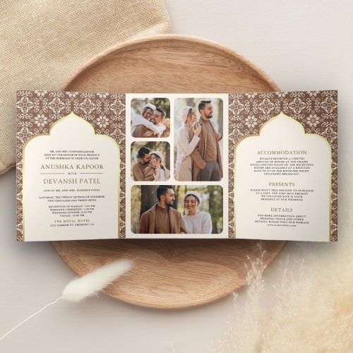 Ivory Brown Pattern All in One Indian Wedding Tri_Fold Invitation