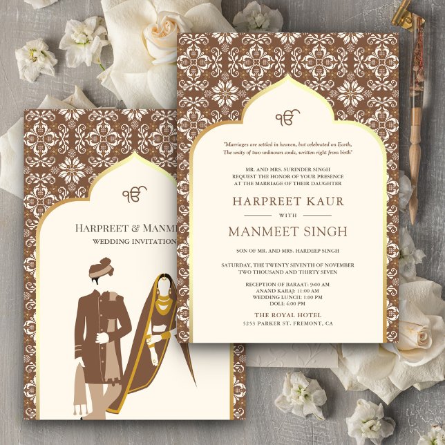 Ivory Brown Pattern Anand Karaj Sikh Wedding Invitation (Creator Uploaded)