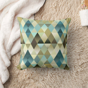 Ivory Brown Teal Blue Diamond Squares Pattern Throw Pillow