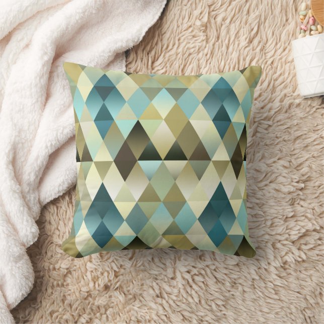 Ivory Brown Teal Blue Diamond Squares Pattern Throw Pillow (Blanket)