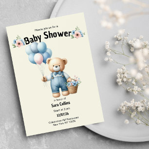 Ivory brown teddy bear balloons flower Baby Shower Invitation