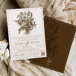 Ivory Brown Vintage Floral Retro Romantic Wedding Invitation