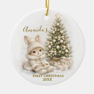 Ivory Bunny Rabbit First Christmas Keepsake Girl Ceramic Ornament