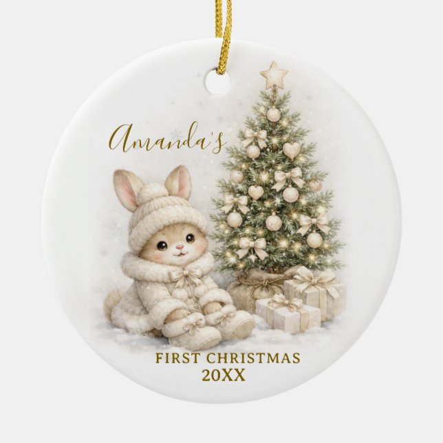 Ivory Bunny Rabbit First Christmas Keepsake Girl Ceramic Ornament (Front)