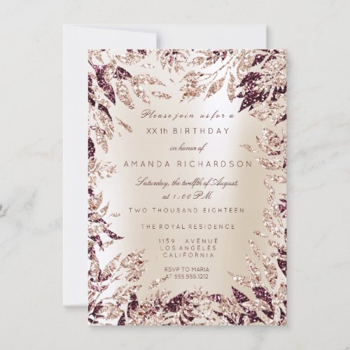 Ivory Burgund Rose Gold Glitter Leafs Floral Frame Invitation