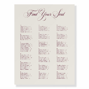 Ivory Burgundy Alphabetical Wedding Seating Chart Foam Board