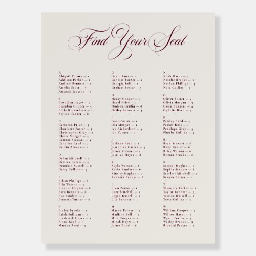 Ivory Burgundy Alphabetical Wedding Seating Chart Foam Board