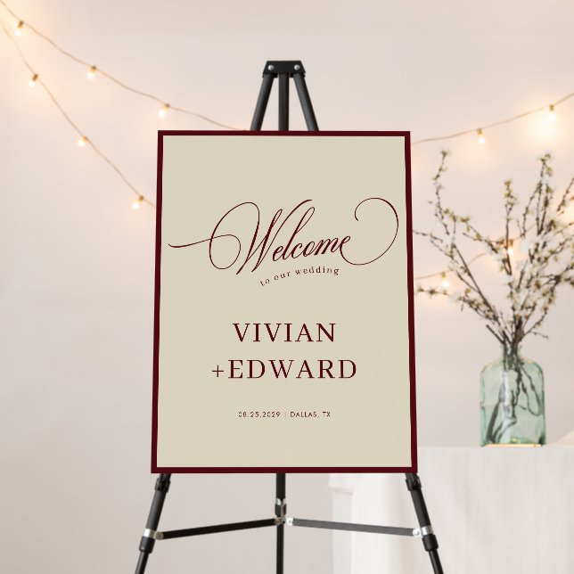Ivory & Burgundy Border Retro Wedding Welcome Sign (In Situ (Stand))