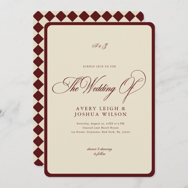 Ivory & Burgundy Checkered Border Retro Wedding Invitation (Front/Back)