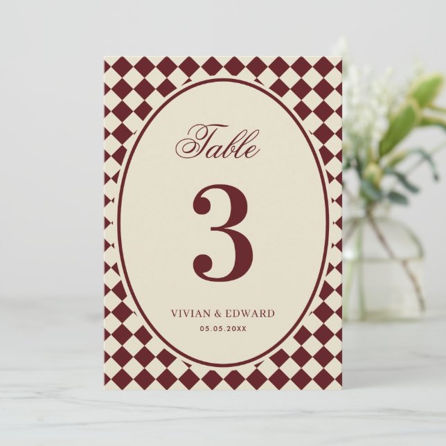 Ivory & Burgundy Checkered Wedding Table Number (Standing Front)