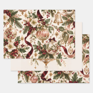 Ivory Burgundy Christmas Botanical Patterns Wrapping Paper Sheets