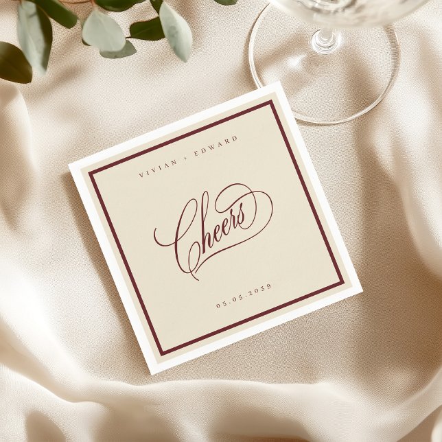 Ivory Burgundy Classic Border Cheers Retro Wedding Napkins (Creator Uploaded)