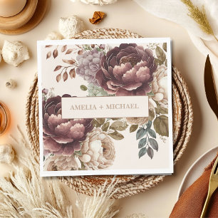 Ivory burgundy floral fall winter wedding napkins