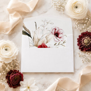 Ivory Burgundy Floral Wedding Envelope