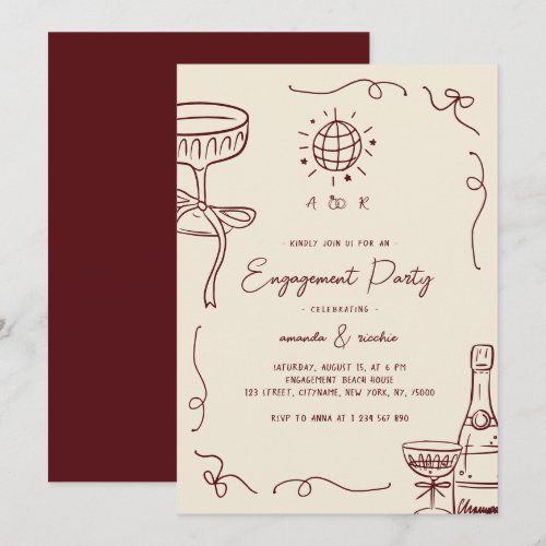 Ivory & Burgundy Fun Hand Drawn Engagement Party Invitation