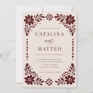 Ivory & Burgundy Mexican Papel Picado Wedding Invitation