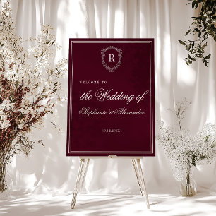 Ivory Burgundy Monogram Crest Wedding Welcome Sign