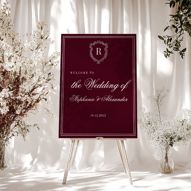 Ivory Burgundy Monogram Crest Wedding Welcome Sign (Creator Uploaded)