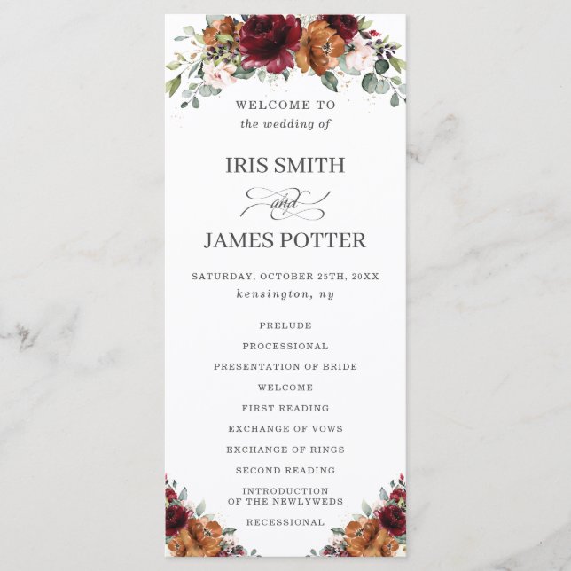 Ivory Burgundy Orange Floral Wedding Program (Front)