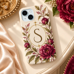 Ivory Burgundy Peony Botanical Monogram  iPhone 15 Case