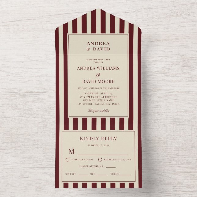 Ivory & Burgundy Stripes Border Retro Wedding All In One Invitation (Inside)