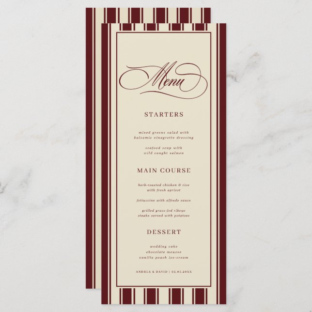 Ivory & Burgundy Stripes Border Retro Wedding Menu (Front/Back)