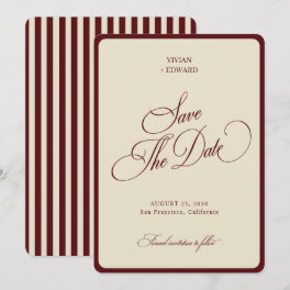 Ivory & Burgundy Stripes Border Retro Wedding Save The Date