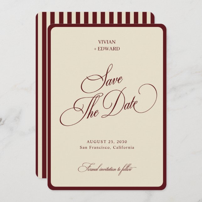 Ivory & Burgundy Stripes Border Retro Wedding Save The Date (Front/Back)