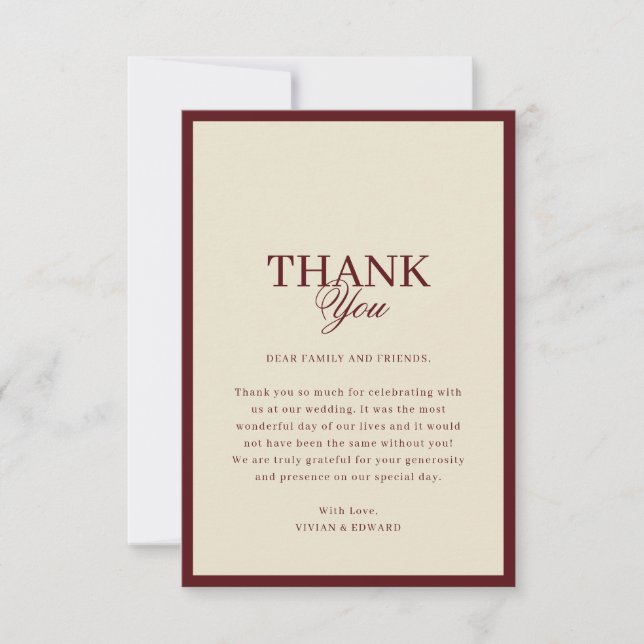 Ivory & Burgundy Stripes Border Retro Wedding Thank You Card