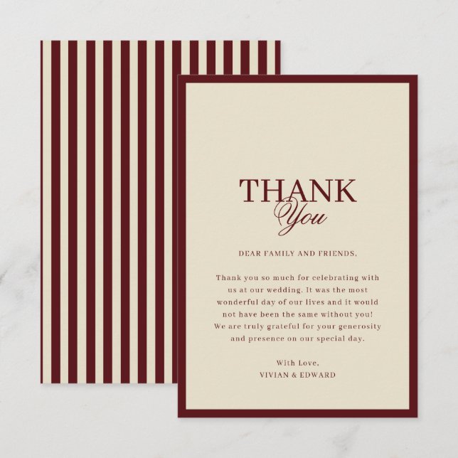 Ivory & Burgundy Stripes Border Retro Wedding Thank You Card (Front/Back)