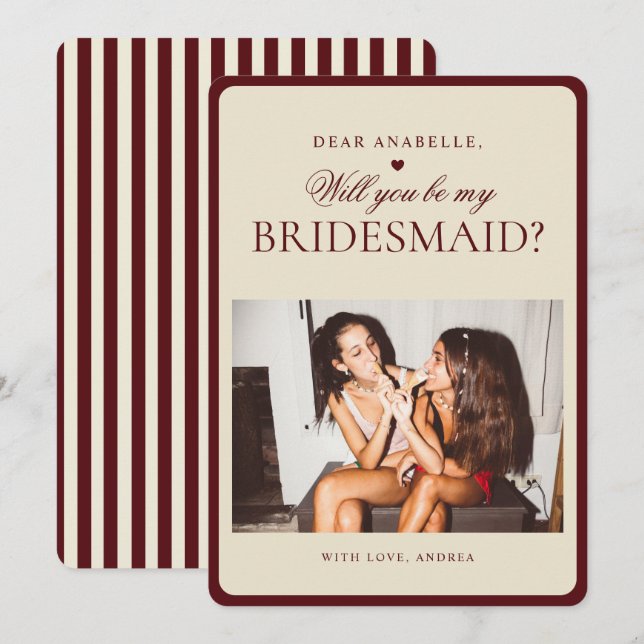 Ivory & Burgundy Stripes Bridesmaid Proposal Card (Front/Back)