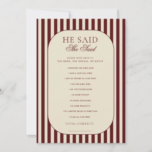 Ivory & Burgundy Stripes He Said She Said Game Invitation