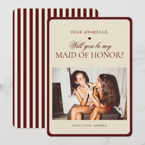 Ivory Burgundy Stripes Maid of Honor Proposal Card