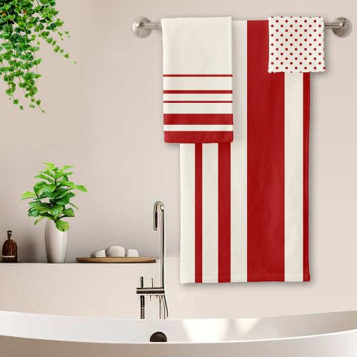 Ivory Burgundy Stripes Polka Dots Bath Towel Set