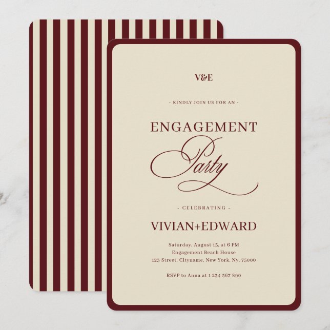 Ivory & Burgundy Stripes Retro Engagement Party Invitation (Front/Back)