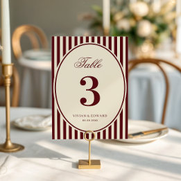 Ivory Burgundy Stripes Retro Wedding Table Number