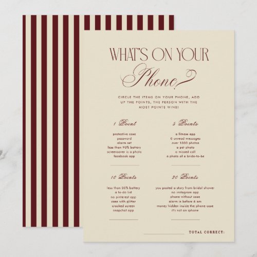 Ivory & Burgundy Stripes Whats on Your Phone Game Invitation